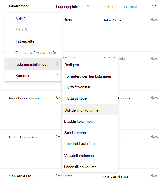 Kolumninställningar > Dölj det här kolumnalternativet när en kolumnrubrik är markerad i en modern Lista eller ett bibliotek i SharePoint