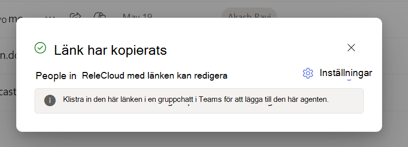 Dialogruta med information om att en delningslänk har kopierats till Urklipp.