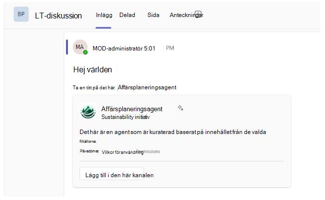 Skärmbild som visar SharePoint-agentlänk som vecklas ut i Teams-kanaler