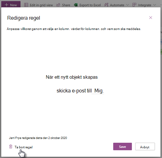 Skärmbild av hur du tar bort en regel för en lista från sidan Redigera regel.