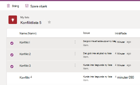 Du kan spara listan med konflikter som en .csv fil och antingen uppdatera listan manuellt med dessa värden eller helt enkelt ignorera dem.