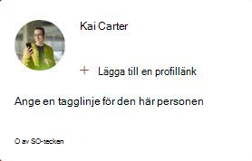 Bilden visar ett Medium People-kort som gör att du kan lägga till en profillänk och ange en tagglinje för den här personen. Tagglinjen kan innehålla upp till 50 tecken.