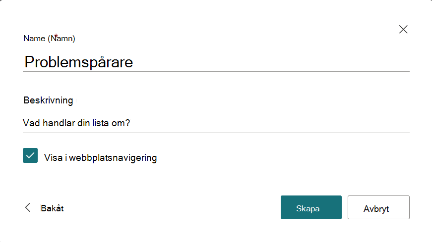 Dialogruta för att ange ett namn och en beskrivning av den nya listan