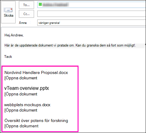 Ta med länkar till dokument i e-postmeddelanden.