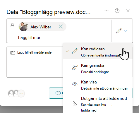 Välj en behörighetsinställning för personer inbjudna att dela ett dokument