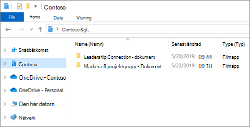 Skärmbild som visar synkroniseringsmappar för OneDrive och webbplatser.