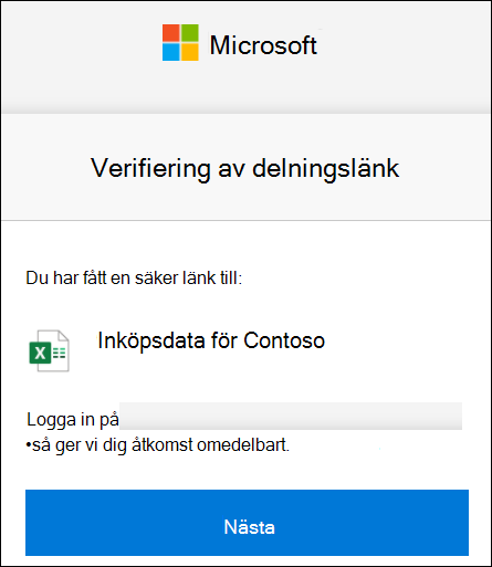 Verifiering av extern delningslänk i OneDrive för att logga in.