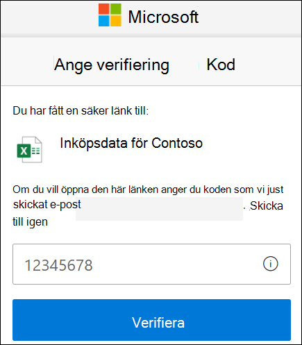 Fönstret För extern delning i OneDrive verifiera kod