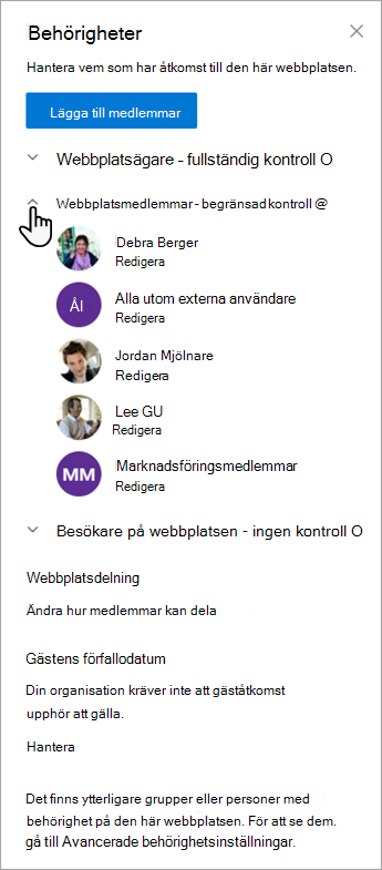 Dialogrutan Behörigheter som gör att du kan hantera medlemmar och deras behörighetsnivåer.