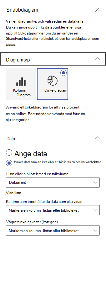 skärmbild av redigeringspanelen för cirkeldiagram
