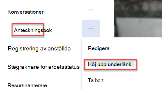 Skärmbild av framhävning av en underlänk