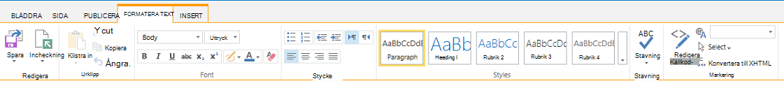 Skärmdump på fliken Formatera text som innehåller flera knappar för textformatering