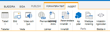 Skärmdump på fliken Infoga som innehåller knappar för infoga tabeller, videoklipp, grafik och länkar till dina webbsidor