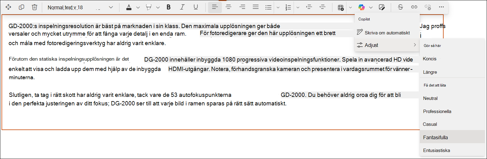 Skärmbild av en snabbvy av Copilot i SharePoint-redigeraren