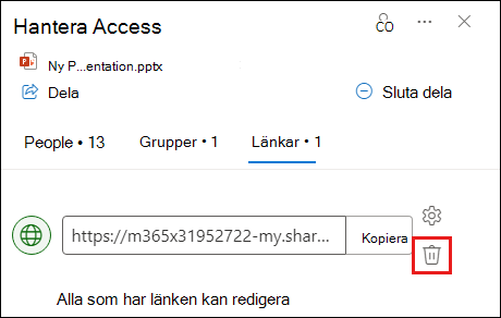 Skärmbild som visar dialogrutan Hantera åtkomst med länkfliken öppen. Knappen Ta bort länk är markerad.