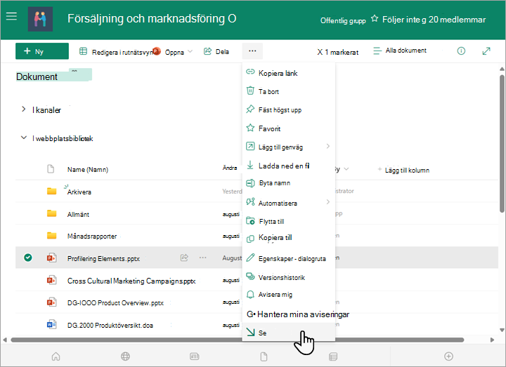Välj utcheckningsalternativet på menyn Mer ovanför dokumentlistan.