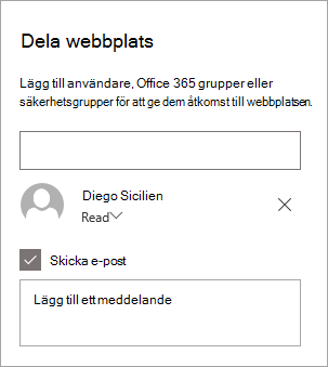 Lägga till en person i fönstret Dela webbplats