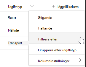 Menyalternativ för kolumnrubrikfilter i SharePoint