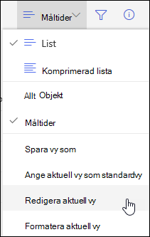 Menyalternativet Redigera aktuell vy i SharePoint Online