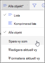 Alternativet Spara som i Listvy-menyn i SharePoint Online