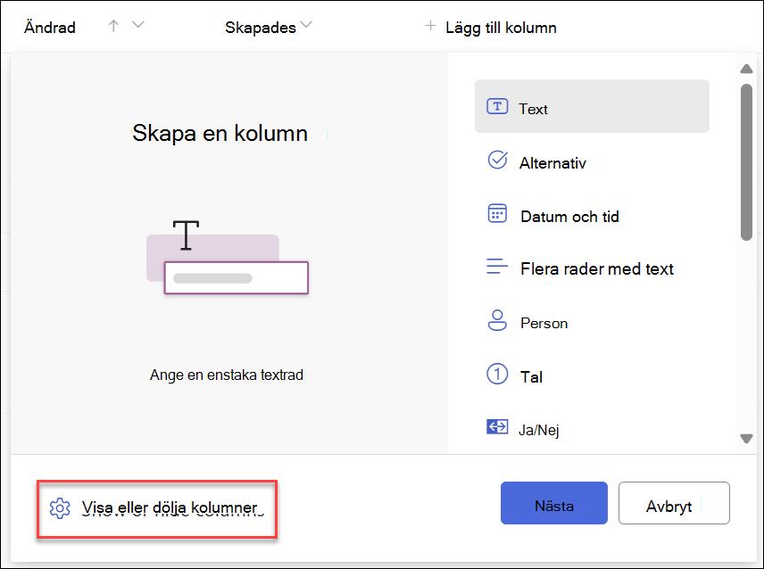 Skärmbild av Visa dölja kolumner markerade