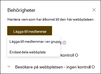 Förhandsgranskning av behörighetspanelen med den nedrullningsbara menyn.