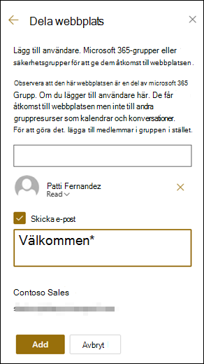 Förhandsgranskning av fönstret Dela webbplats.
