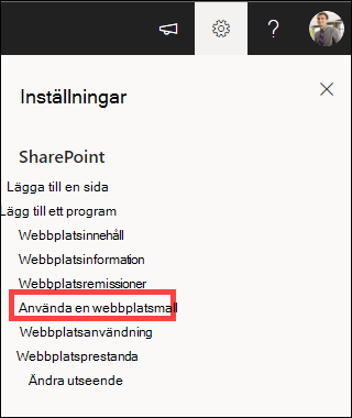 Inställningar med Använd en webbplatsmall markerad.