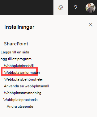 Panelen Inställningar öppnas med webbplatsinformation markerad.