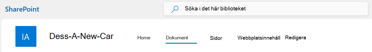 En meny i det övre fältet på en SharePoint-webbplats med alternativet Dokument markerat.
