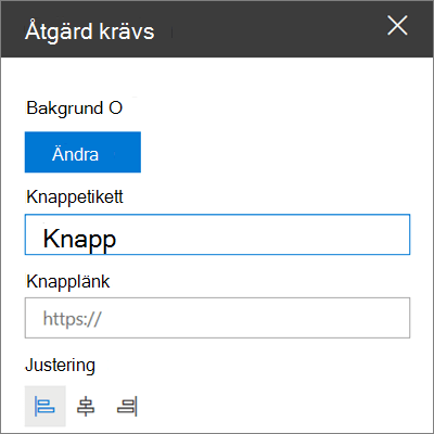 Verktygslådan för anropswebbdelen för SharePoint-webbplatser, som visar hur du anpassar webbdelens länk, knapp och justering