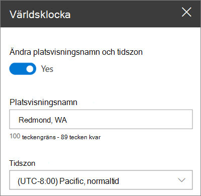 Verktygslådan för webbdelen Världsklocka för SharePoint-webbplatser, som visar hur du anpassar ett visningsnamn och en tidszon