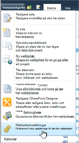 Webbplatsinställningar på menyn Webbplatsåtgärder