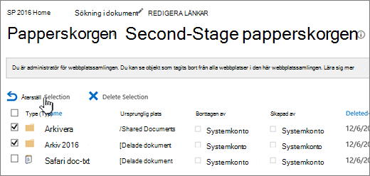 SharePoint 2: a nivåns papperskorg med återställningsknappen markerad
