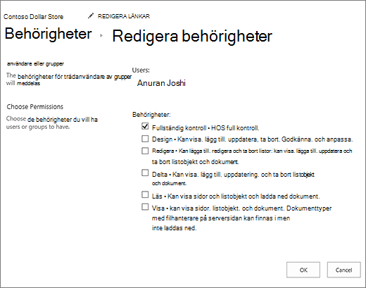 Ändra behörighetsnivåer i dialogrutan Behörigheter