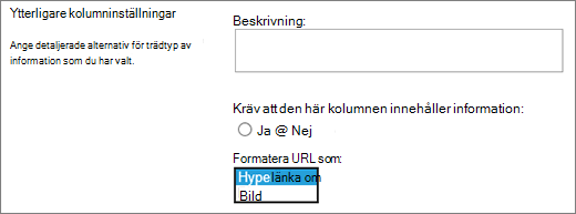 Alternativ för kolumnen Bild/Hyperlänk