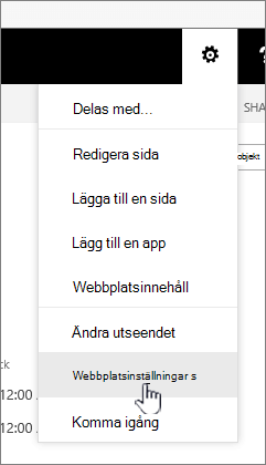 Webbplatsinställningar under knappen Inställningar