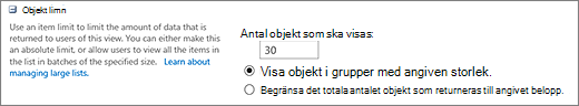 Ange antal objekt som ska visas på sidan Vyinställningar