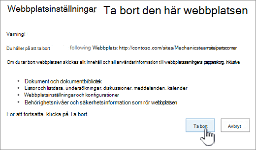 Klicka på Ta bort om du är säker på att du vill ta bort underwebbplatsen