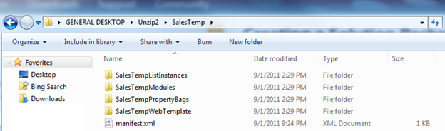 Skärmbild av Windows Explorer som visar en uppackad wsp-fil (Web Solution Package).