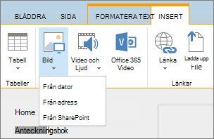 Skärmbild av menyfliksområdet i SharePoint Online. Välj fliken Infoga och välj sedan Bild för att välja om du vill ladda upp en fil från din dator, en webbadress eller en SharePoint-plats.