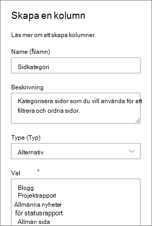 Exempel på hur du konfigurerar en kolumn för kategorival för bloggar