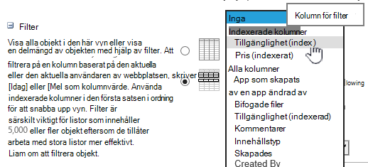 Välj ett indexerat fält i SharePoint Online