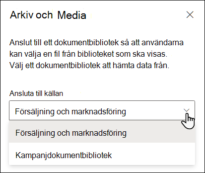 Egenskapsfönstret Filvisning med listrutan Anslut till källa