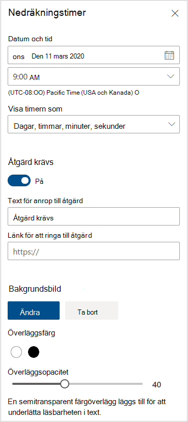 Inställningar för nedräkningstimer