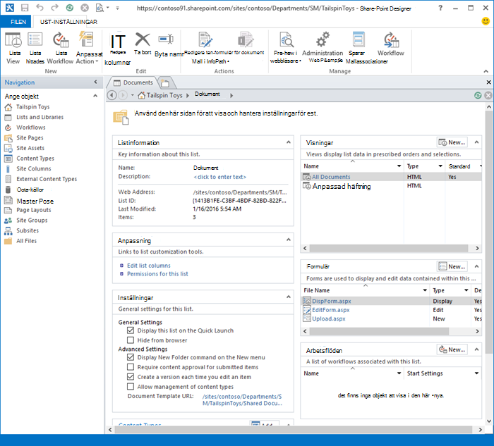 Bild på förstasidan i SharePoint Designer 2013.