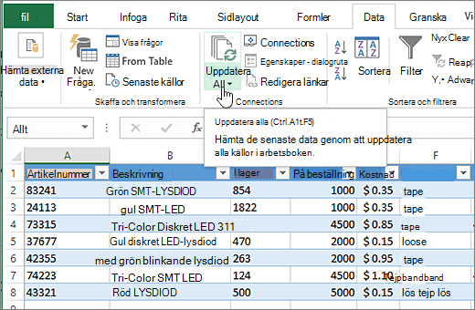 Excel-kalkylblad med importerad lista och knappen Uppdatera alla markerad.
