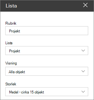 Lista webbdelsinställningar