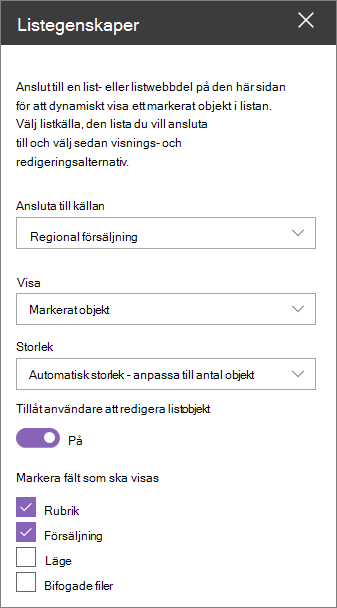 Webbdelsfönstret Listegenskaper