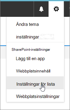 Menyn Inställningar med Listinställningar markerat